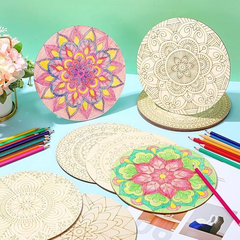 Vercraft 28 Pcs Wooden Mandala Painting Set 10 Unfinished Wood Cutouts with 18 Colored Pencil for Making Kit Mandala Crafts for Painting DIY Crafts Home Decors(Classic Style) in Kuwait