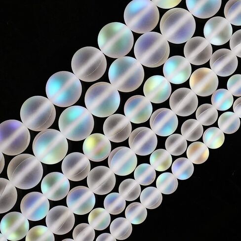Matte White Aurora Crystal Glass Beads, 8MM Frosted Glitter Shining Mermaid Round Loose Beads, Rainbow Holographic Synthetic Moonstone for Jewelry Making DIY Bracelet in Kuwait