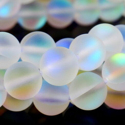Matte White Aurora Crystal Glass Beads, 8MM Frosted Glitter Shining Mermaid Round Loose Beads, Rainbow Holographic Synthetic Moonstone for Jewelry Making DIY Bracelet in Kuwait