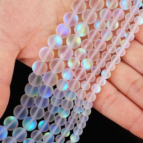 Matte White Aurora Crystal Glass Beads, 8MM Frosted Glitter Shining Mermaid Round Loose Beads, Rainbow Holographic Synthetic Moonstone for Jewelry Making DIY Bracelet in Kuwait