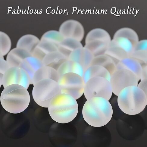 Matte White Aurora Crystal Glass Beads, 8MM Frosted Glitter Shining Mermaid Round Loose Beads, Rainbow Holographic Synthetic Moonstone for Jewelry Making DIY Bracelet in Kuwait