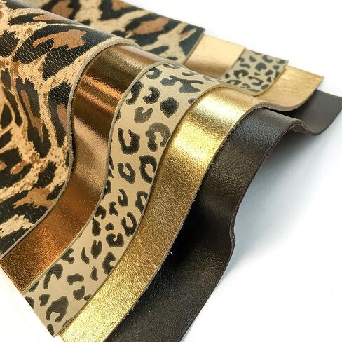 Genuine Leather Craft Sheets 5 Pack, 5x5 in (12x12 cm) - Pink, Blue, Orange + Gold & Silver Snake Print in Kuwait