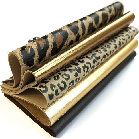 Genuine Leather Craft Sheets 5 Pack, 5x5 in (12x12 cm) - Pink, Blue, Orange + Gold & Silver Snake Print in Kuwait
