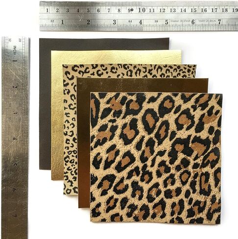 Genuine Leather Craft Sheets 5 Pack, 5x5 in (12x12 cm) - Pink, Blue, Orange + Gold & Silver Snake Print in Kuwait