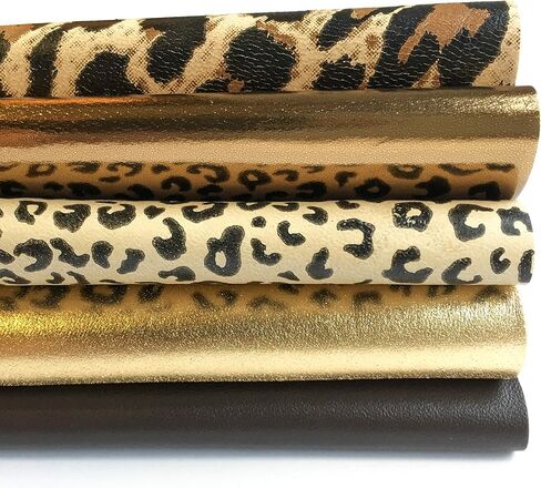 Genuine Leather Craft Sheets 5 Pack, 5x5 in (12x12 cm) - Pink, Blue, Orange + Gold & Silver Snake Print in Kuwait
