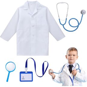 Doctor Costume for Kids, ID Card, Stethoscope, Magnifier, Career Day Costume Halloween for Boys Girls Age 6-10Y
