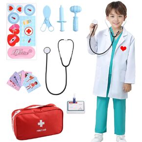 Doctor Costume for Kids, Halloween Costumes Career Day Costume for Kids aged 3-8, Kids Scrubs with Lab Coat