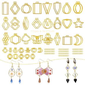 LET'S RESIN 172 pcs Open Bezels for Resin, 2 Size 36 Styles of Gold Hollow Frame Pendants Bezels with 100pcs Jump Rings, Unique Resin Bezels for Jewelry Making, Necklaces Earrings Making Supplies