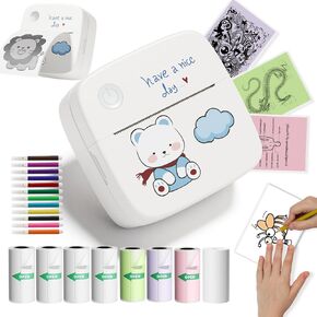 Mini Sticker Printer, Portable Thermal Inkless Sticker Maker with 8 Rolls Coloed Paper & 12 Pens, Wireless Thermarote Printers for Travel, Photos,Study Notes, Scrapbook, Journal, Memo (Pink)