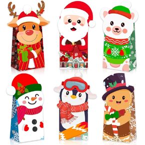 MDCGFOD 12PCS Christmas Gift Bags, Christmas Treat Bags for Kids Christmas Paper Candy Cookies Bags Xmas Goodie Wrapping Bags for Classrooms Holiday Christmas Party Favors Supplies