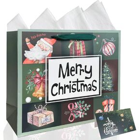 AMROSE 13’’ Christmas Gift Bag with Card and Tissue Paper, 1 Pack Large Reusable Holiday Paper Christmas Bag with Handles for Presents Wrapping, Christmas Green