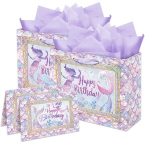 ENERFLAT Mermaid Gift Bag Set – 2 Sets 13 Inch Mermaid Party Supplies for Girls – Little Mermaid Birthday Bag with Wrapping Paper and Card – Perfect Mermaid Party Favors & Mermaid Goodie Bags
