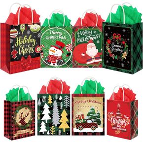 Cholemy 40 Pack Christmas Gift Bags with Tissue Paper Bulk Reusable Christmas Tote Bags with Handles Kraft Christmas Goody Bags for Xmas Wrapping Candy Goodie Party, 8 Styles (Small, Medium, Large)