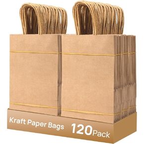 miikoul 200 Pieces 8.27"x5.9"x3.15" Brown Paper Bags with Handles, Gift Bags Bulk for Small Business, Shopping Bags, Wedding Party Favor Bags, Halloween Treat Bags for Birthday Party, Goody Craft