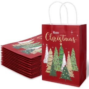 JarThenaAMCS 24Pcs Merry Christmas Paper Gift Bags Gold Foil Xmas Tree Red Party Favor Bags with Handle Goodie Candy Treat Bags for Christmas New Year Holiday