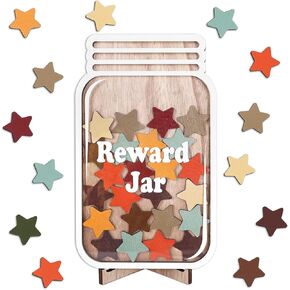 Thanksgiving Wooden Reward Jar Autumn Star Wood Cutouts with Magnetic Sticker Fall Positive Incentive Behavior Chart with Base for Student Teacher Home Classroom Management, 39Pcs
