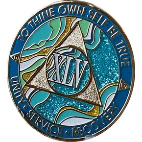 45 Year AA Medallion Elegant Marble Caribbean Aqua Glitter Blue Gold Plated Chip