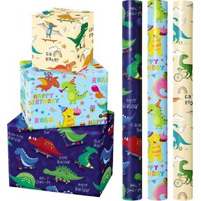 WRAPAHOLIC Dinosaur Wrapping Paper Roll - 3 Short Roll - Dinosaur Happy Birthday Wrapping Paper for Kids Boys Birthday, Dinosaur Party Favor - 17 Inch x 120 Inch Per roll