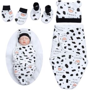 Reborn Baby Dolls Clothes Swaddle Blanket for 17-22 Inches Reborn Dolls Girl/Boy Fake Baby Clothes Accessories Cute Cow 4 Pieces of Pack