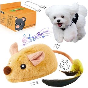Interactive Dog Toys Mouse - with LED Lights, Moving Automatic Chirping Mouse Toy Squeaky with Feather Tail, for All Breeds Dog Indoor/Outdoor Boredom Exercise, USB Rechargeable (Yellow)