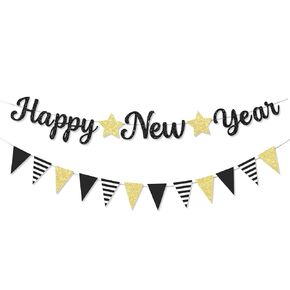 Glitter Happy New Year 2025 Banner Decorations New Years Eve Banner New Years Eve Party Supplies 2025 Happy New Year Sign for Happy New Year Decorations NYE Party Supplies Decorations 2025 Black