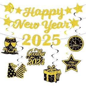 New Years Decorations 2025, Happy New Year 2025 Banner Gold Black Happy New Year Table Honeycomb Centerpiece, New Year Eve Party Supplies 2025