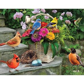 Bits and Pieces - 100 Piece Jigsaw Puzzle for Seniors - 15" x 19" - Birds on The Porch Steps - 100 pc Large Lettered Pieces Colorful Scenic Jigsaw
