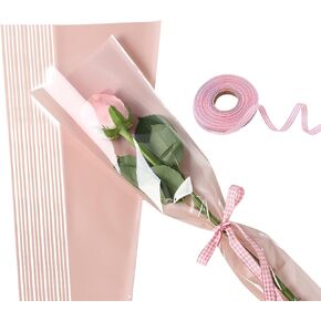 UnnFiko 50 Pack Single Rose Flower Sleeves for Bouquets, Flower Wrapping Paper Floral Wrap Bags with Ribbons Flower Tape for Florist Supplies Wedding (17.7 x 4.9 Inches) (Black)