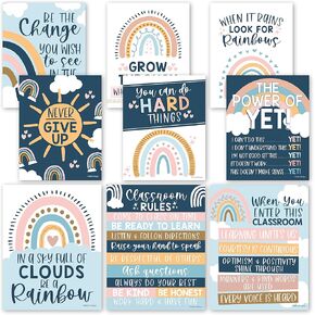 Hadley Designs 9 Boho Rainbow Classroom Decor Signs Welcome Sign For Bulletin Board Decorations, Growth Mindset Classroom Posters Elementary Middle School Classroom Rules