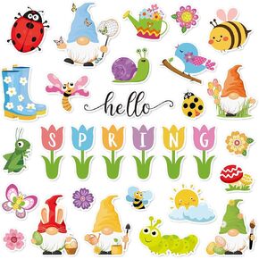 54Pcs Hello Spring Cutouts Tulip Flower Gnome Butterfly Bee Paper Cut-Outs with 100Pcs Glue Points Cute Cartoon Bulletin Board Decor for DIY Craft Art School Classroom Home Party