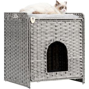 Cat Litter Box Enclosure, Litter Box Furniture Hidden with Washable Cat Mat, Cat Litter Mat, 2 Feeding Bowls, 2 Hooks, Shelf, Handwoven Rattan Cat Condo, Grey GCLB002G