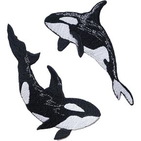 2 Pcs Killer Whale Iron On Patches - Embroidered Fish Applique Sew On/Iron On Patch for Clothing,Hats,Jackets,Backpacks,Jeans