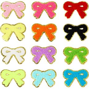 12 Colours Bow Iron On Patch Gold Edges Chenille Patches Cute Bow Patches Chenille Embroidery Patch Sew On Patch for Clothing Backpacks Hats Bags DIY