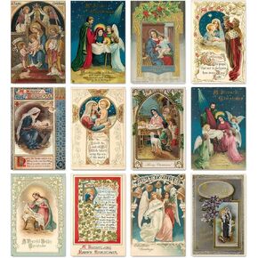 AnyDesign 48 Pack Christmas Greeting Cards Vintage Xmas Cards Assortment with Stickers Envelopes Jesus Holy Night Christmas Blank Note cards for Party Invitation, 12 Designs, 4 x 6 Inch