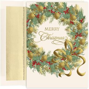 Holiday Collection Premium 15-Count Boxed Embossed Christmas Cards with Foil-Lined Envelopes, 7.8" x 5.6", Traditional Wreath (893800)