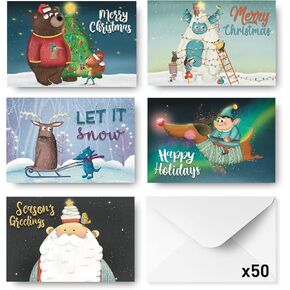 Rileys & Co Christmas Cards Multipack, 50-Pack Christmas Cards for Family Members, Gold Foil Xmas Cards with Envelopes, 5 Assorted Designs with Glitter, Cute Christmas Cards Pack