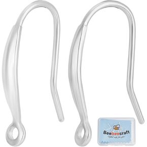 Beebeecraft 1 Box 10Pcs 925 Sterling Silver Earring Hooks Hypoallergenic Fish Hooks with 1.4mm Hole and 1Pcs Silver Polishing Cloth for Jewelry Making Earring Supplies