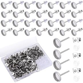 1 Box 100Pcs 8Mm Cabochon Stud Earrings Bezel Post Earrings Stainless Steel Hypoallergenic Ear Stud with Ear Nut Silver Flat Round Blanks Earring Posts for Jewelry Making Supplies DIY Crafts