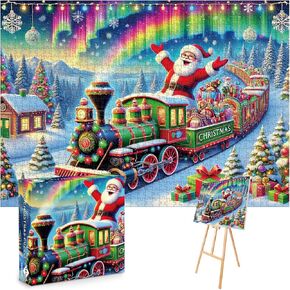 Christmas 1000 Piece Jigsaw Puzzle, Santa Claus on Colorful Train | Festive Holiday 28 x 20 Inches Puzzle with Gifts, Snowy Scenery, Rainbow, and Christmas Trees (Christmas -1, 1000