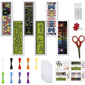 FREEBLOSS 6 Set Cross Stitch Bookmark Stamped Cross Stitch Kit with Retro Video Game Patterns Embroidery Kit with Instruction DIY Bookmark Kit for Gift Adults 8''x2.4''