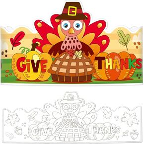 SICOHOME Thanksgiving Color Your Own Turkey Crowns for Kids 24PCS Thanksgiving Paper Crown Turkey Coloring Headbands Hat Crafts Thanksgiving Classroom Family Fall Activity Party Makes Party