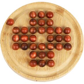 TOWO Wooden Solitaire Game –Peg Solitaire Puzzle Toy - Classic Board Game Marble Chess Mind Game 19.5CM 7.7" Round Board with Wooden Balls One Player Gameplay Brainteaser Puzzle