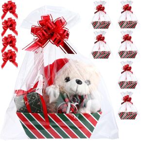 22 Pcs Basket for Gifts Empty Kit Includes 6 Pcs Gift Basket Empty to Fill 6 Pcs Clear Gift Bags 10 Pull Bows Market Tray Favor for Thanksgiving Christmas Wedding Gift Package (Red Green Plaid)