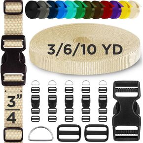 TECEUM Buckles & Strap Kit – 3/4" Cream Nylon Webbing 6 (yd) – 6 Heavy Duty Adjustable Plastic Buckles – 12 Tri-Glide Slide Clips – 3 Metal D-Ring – Ideal Straps for Arts Crafts Outdoors Indoors DIY