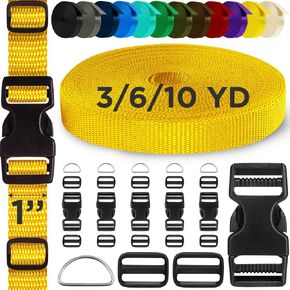TECEUM Buckles & Strap Kit – 1" Honey Yellow Nylon Webbing 6 (yd) – 6 Heavy Duty Adjustable Plastic Buckles – 12 Tri-Glide Slide Clips – 3 Metal D-Ring – Ideal Straps for Arts Crafts Outdoors Indoors