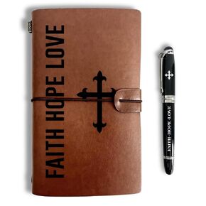 Faith Hope Love Leather Journal, Journal for Women, Women's Journal, Engraved Gift Pen, Roller Ballpen, Inspirational Christian Bible Verse Gift, Leather Notebook and Pen Gift, 160 Pages Notebook