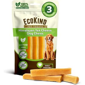 EcoKind Pet Treats Gold Himalayan Yak Cheese Dog Chew, Yak Dog Treats for Active Chewers, 100% Natural & Healthy Chew Sticks for Small & Large Dogs, Yak Cheese Chews (3 Medium Sticks)