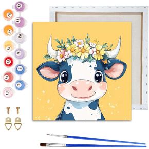 VAIIEYO Framed Paint by Numbers Kit for Adults Cow, Animal Canvas DIY Oil Painting Kit with Paintbrush and Acrylic Pigment, Arts Craft for Home Wall Decor(8x8 inch/20x20cm)