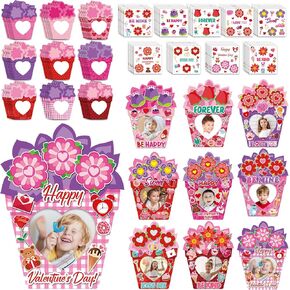 Pasimy 45 Packs Valentine's Day Craft Kits Valentines DIY Picture Frames Craft Valentine Cardboard Photo Frame Craft Kits with Stickers Valentines Classroom Activities Party Favors for Boys and Girls