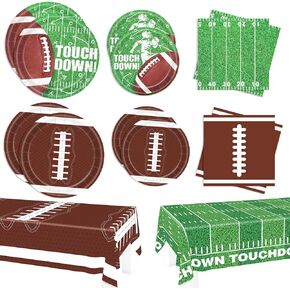 122pcs Football Party Supplies Birthday Party Tableware Set Include Paper Plates Napkins Plastic Tablecloth Disposable Football Party Decorations for 30 Guests